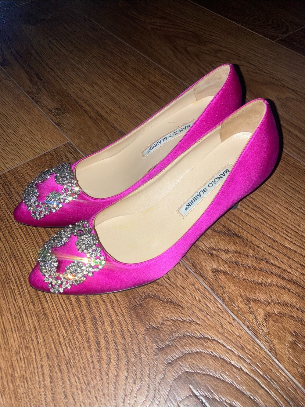 Manolo Blahnik Pink Satin Jeweled Pointed pumps size 5.5